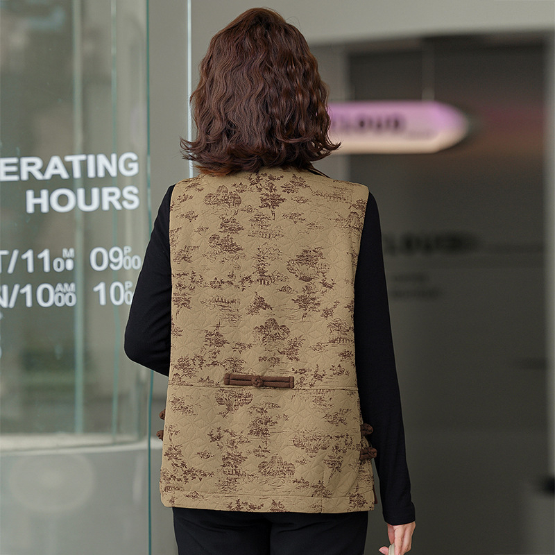 Jachetă-vestă din bumbac cu fermoar pentru femei de vârstă mijlocie și în vârstă — croială lejeră, top tip vestă, stil literar retro chinezesc, toamnă 2024