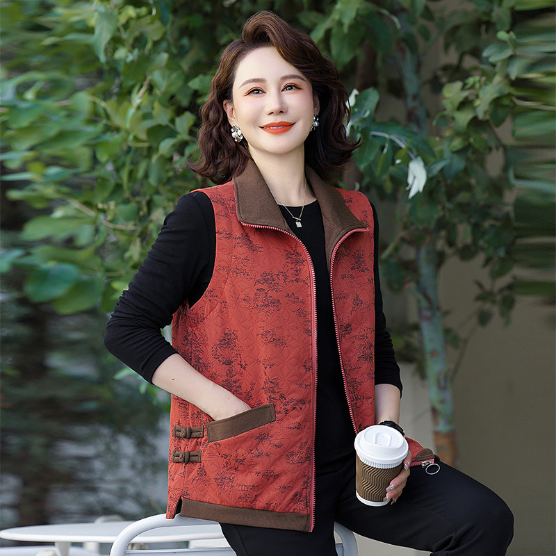 Jachetă-vestă din bumbac cu fermoar pentru femei de vârstă mijlocie și în vârstă — croială lejeră, top tip vestă, stil literar retro chinezesc, toamnă 2024
