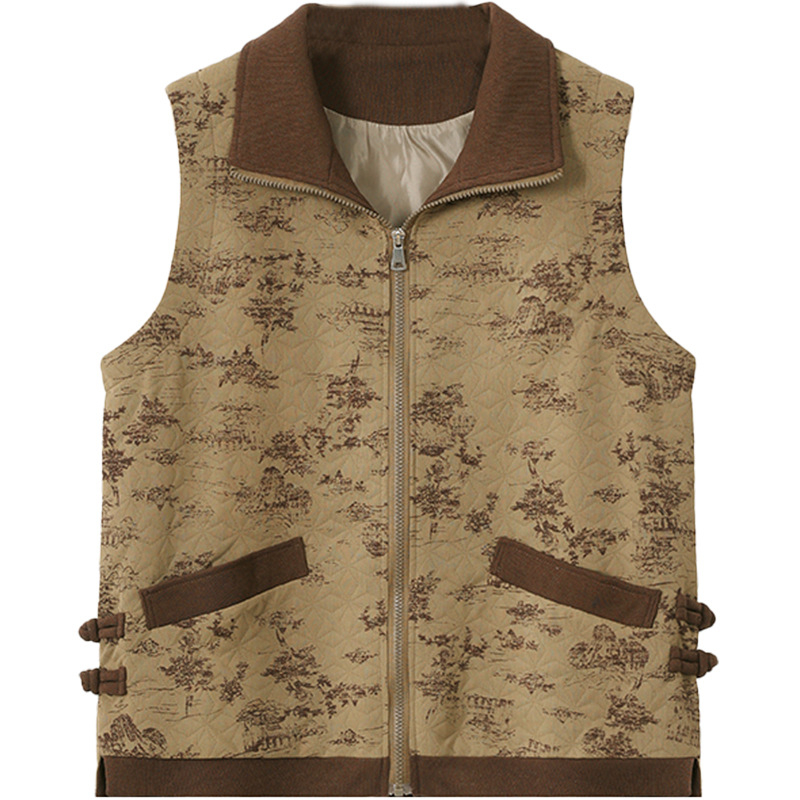 Jachetă-vestă din bumbac cu fermoar pentru femei de vârstă mijlocie și în vârstă — croială lejeră, top tip vestă, stil literar retro chinezesc, toamnă 2024