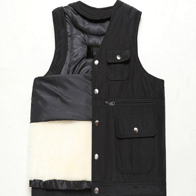 Мъжки зимен елек от полиестерова смес с памучна подплата, Slim fit, V-образно деколте, цип, едноцветен