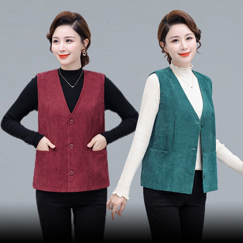 Vesta Corduroy pentru femei, decolteu în V, croială lejeră regulată, umplutură poliester-bumbac