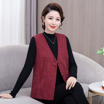 Vesta Corduroy pentru femei, decolteu în V, croială lejeră regulată, umplutură poliester-bumbac