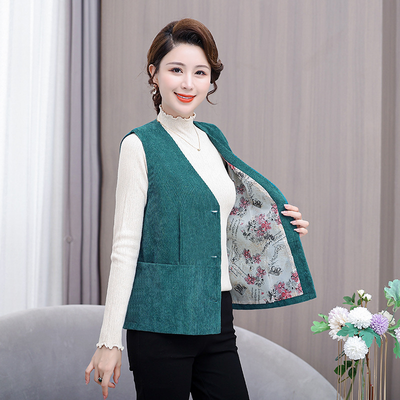 Vesta Corduroy pentru femei, decolteu în V, croială lejeră regulată, umplutură poliester-bumbac