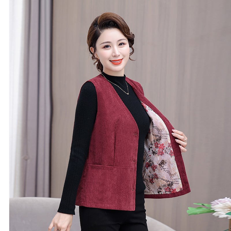 Vesta Corduroy pentru femei, decolteu în V, croială lejeră regulată, umplutură poliester-bumbac