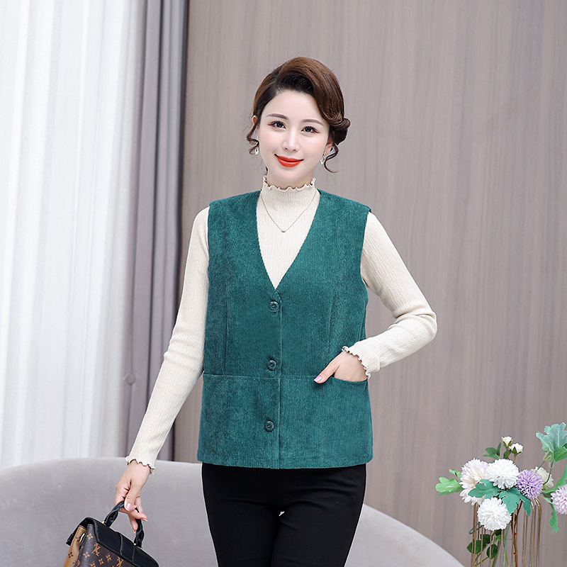 Vesta Corduroy pentru femei, decolteu în V, croială lejeră regulată, umplutură poliester-bumbac