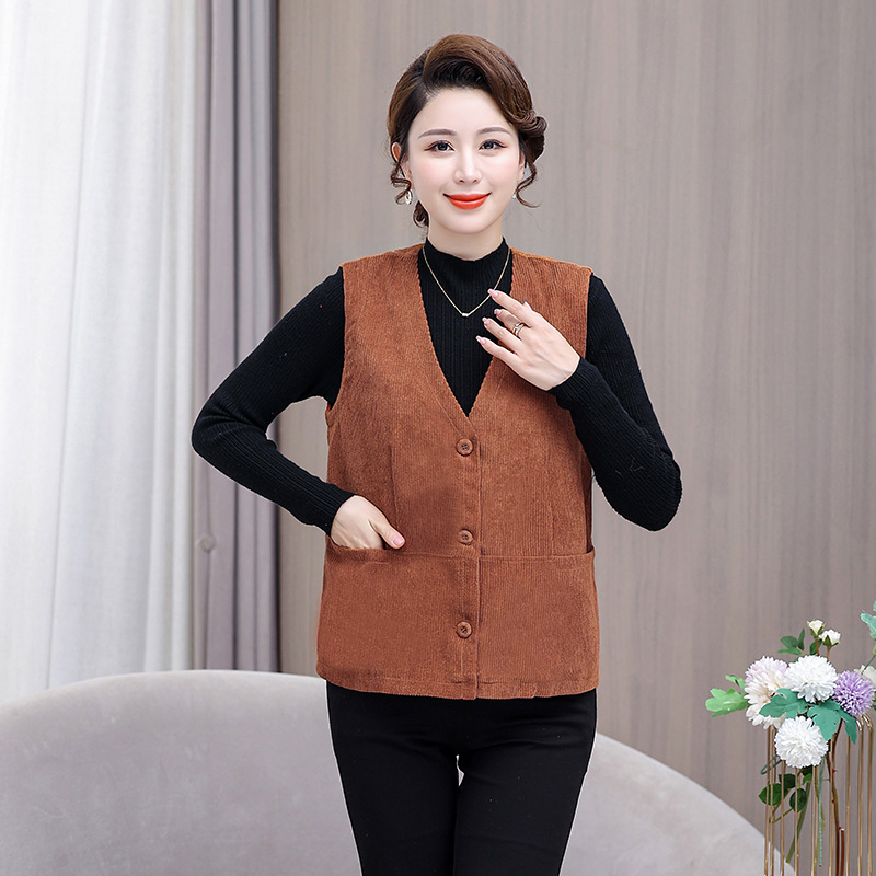 Vesta Corduroy pentru femei, decolteu în V, croială lejeră regulată, umplutură poliester-bumbac