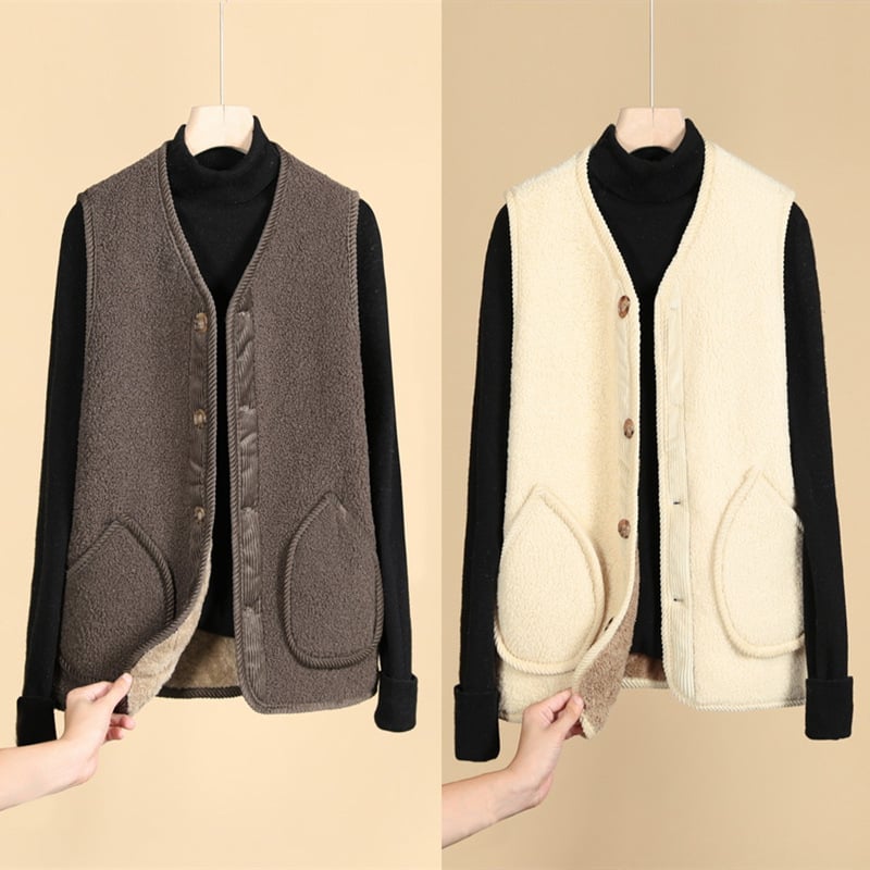 Vestă din lână de miel, stil cardigan, guler rotund, exterior velur, căptușeală Arctic fleece, croială lejeră