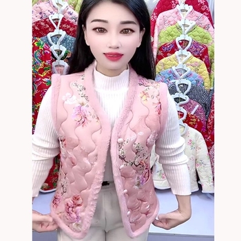 Женска жилетка с подплата от полар и пухкав пълнеж – кръгла яка, пейзажен принт, полиестерна материя, дължина 50–65 см