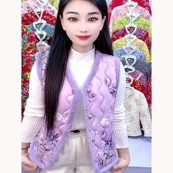 Женска жилетка с подплата от полар и пухкав пълнеж – кръгла яка, пейзажен принт, полиестерна материя, дължина 50–65 см