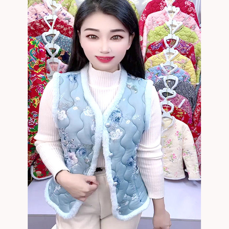 Женска жилетка с подплата от полар и пухкав пълнеж – кръгла яка, пейзажен принт, полиестерна материя, дължина 50–65 см