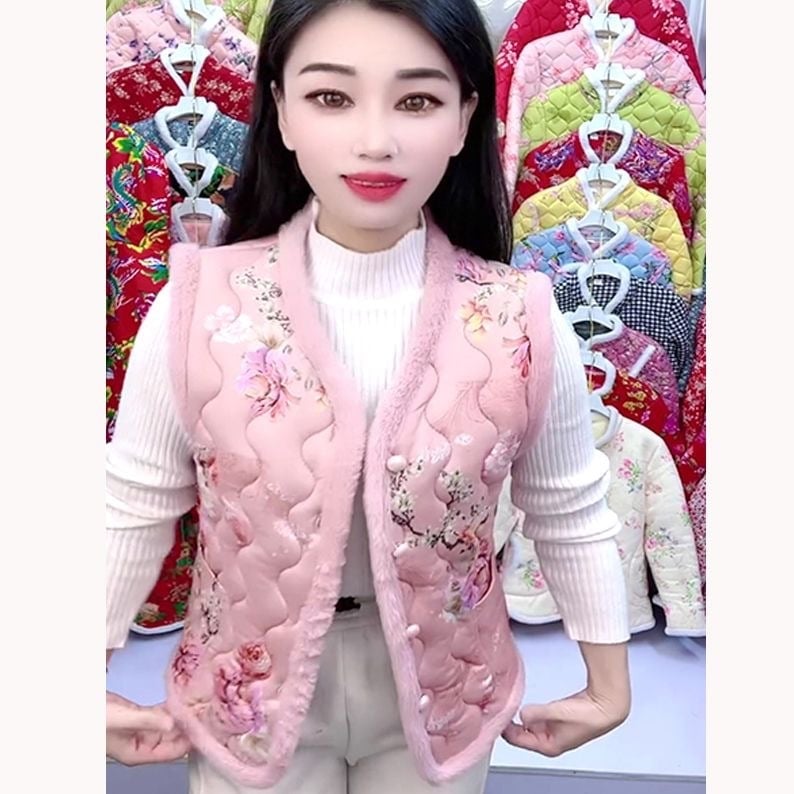 Женска жилетка с подплата от полар и пухкав пълнеж – кръгла яка, пейзажен принт, полиестерна материя, дължина 50–65 см