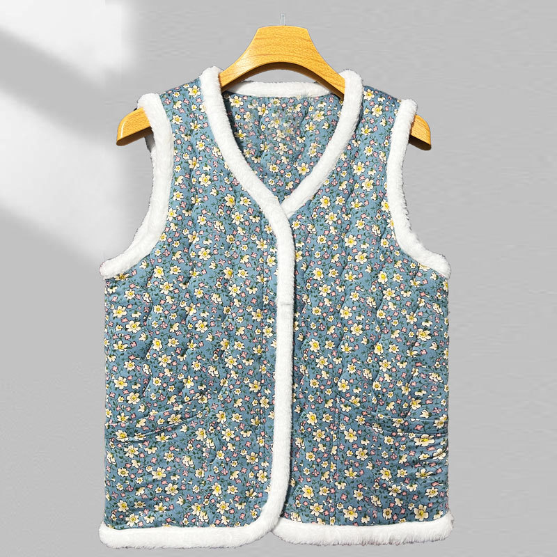 Женска жилетка с подплата от полар и пухкав пълнеж – кръгла яка, пейзажен принт, полиестерна материя, дължина 50–65 см