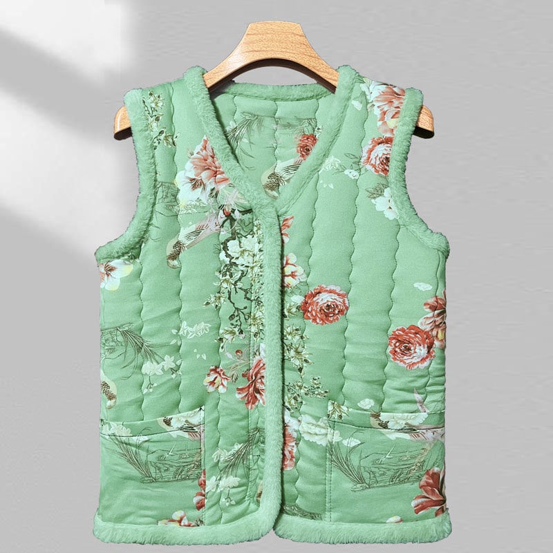 Женска жилетка с подплата от полар и пухкав пълнеж – кръгла яка, пейзажен принт, полиестерна материя, дължина 50–65 см