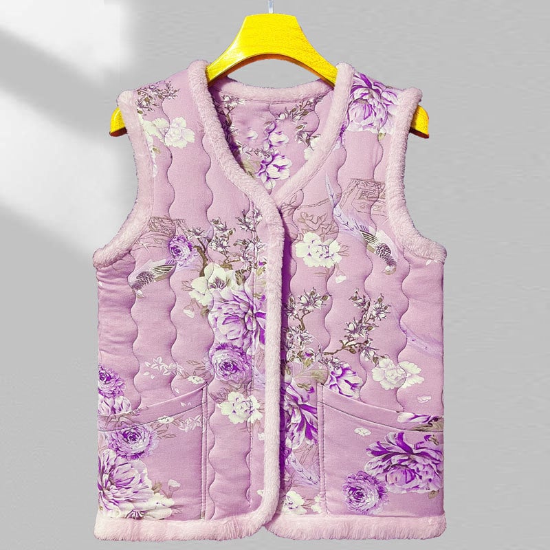 Женска жилетка с подплата от полар и пухкав пълнеж – кръгла яка, пейзажен принт, полиестерна материя, дължина 50–65 см