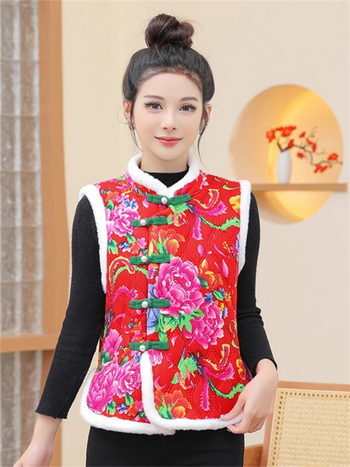 Γυναικείο γιλέκο με επένδυση φλίς από πολυεστέρα, floral σχέδιο, V-λαιμό, μεσαίο μήκος