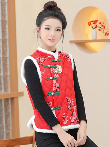 Γυναικείο γιλέκο με επένδυση φλίς από πολυεστέρα, floral σχέδιο, V-λαιμό, μεσαίο μήκος