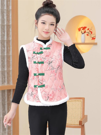 Γυναικείο γιλέκο με επένδυση φλίς από πολυεστέρα, floral σχέδιο, V-λαιμό, μεσαίο μήκος