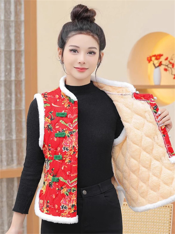 Γυναικείο γιλέκο με επένδυση φλίς από πολυεστέρα, floral σχέδιο, V-λαιμό, μεσαίο μήκος