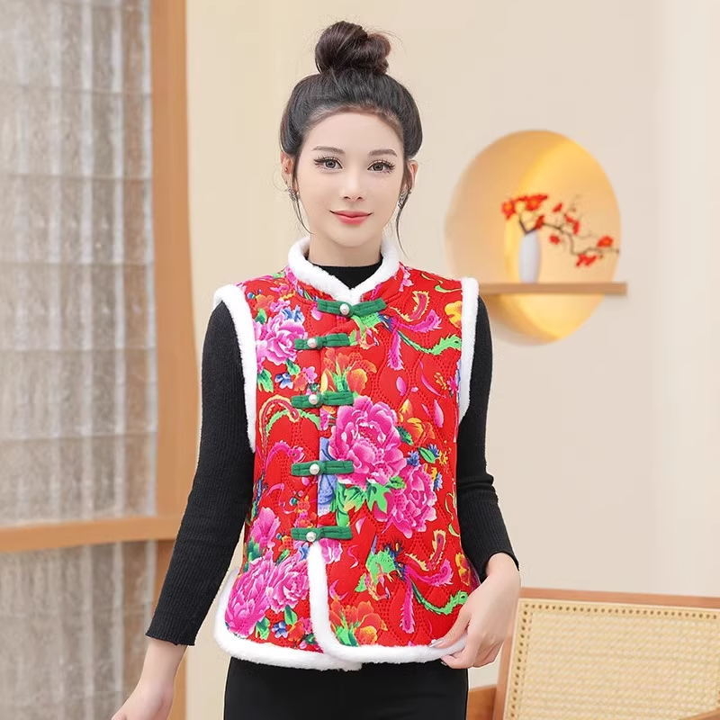 Γυναικείο γιλέκο με επένδυση φλίς από πολυεστέρα, floral σχέδιο, V-λαιμό, μεσαίο μήκος