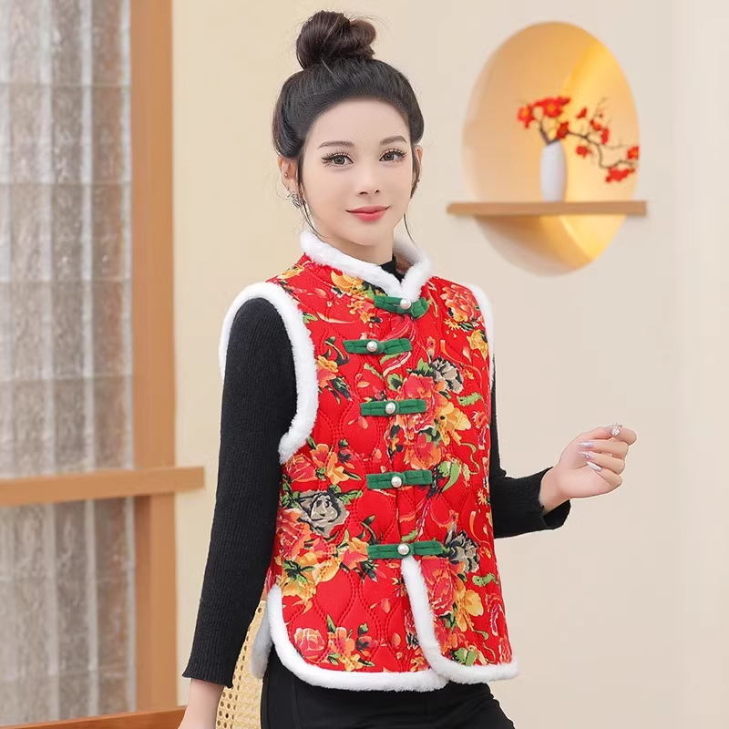 Γυναικείο γιλέκο με επένδυση φλίς από πολυεστέρα, floral σχέδιο, V-λαιμό, μεσαίο μήκος