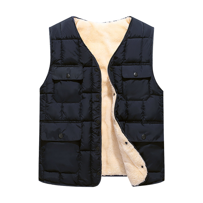 Vestă pentru bărbați căptușită cu fleece din bumbac, cu buzunare multiple, fără glugă, exterior și căptușeală din poliester, tiv drept