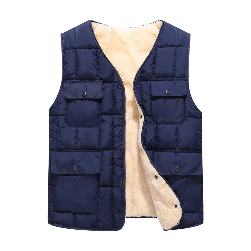 Vestă pentru bărbați căptușită cu fleece din bumbac, cu buzunare multiple, fără glugă, exterior și căptușeală din poliester, tiv drept