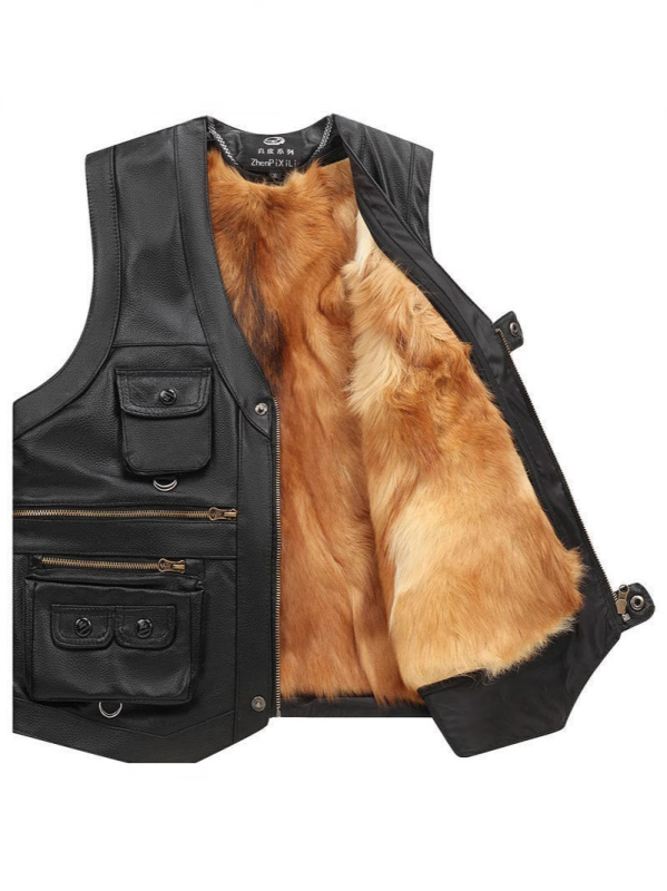 Vestă din piele de vită pentru bărbați, cu buzunare multiple, croială slim, decolteu în V, fermoar (piele de vită; buzunare multiple; croială slim; fermoar; decolteu în V)
