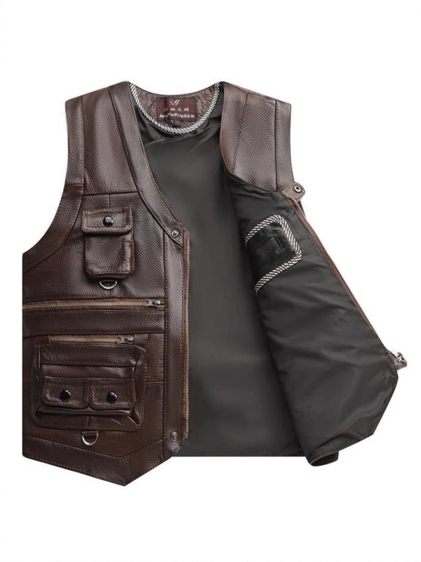 Vestă din piele de vită pentru bărbați, cu buzunare multiple, croială slim, decolteu în V, fermoar (piele de vită; buzunare multiple; croială slim; fermoar; decolteu în V)
