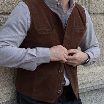 Мъжка жилетка corduroy, слим фит, V-образно деколте, еднобутонна, подплата nylon, пролет/есен, британски стил