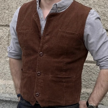 Мъжка жилетка corduroy, слим фит, V-образно деколте, еднобутонна, подплата nylon, пролет/есен, британски стил