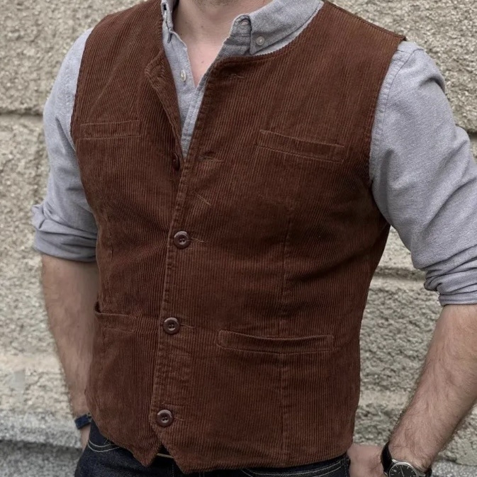 Мъжка жилетка corduroy, слим фит, V-образно деколте, еднобутонна, подплата nylon, пролет/есен, британски стил