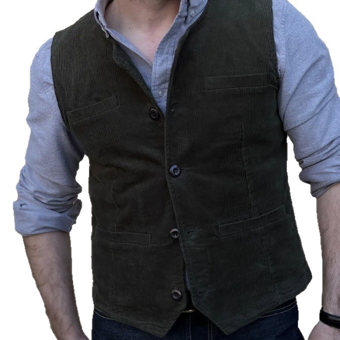 Мъжка жилетка corduroy, слим фит, V-образно деколте, еднобутонна, подплата nylon, пролет/есен, британски стил
