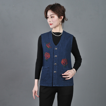 Деним жилетка за жени, с яка и предна катарама, памучно-смесен материал 50-70%, пролет 2025
