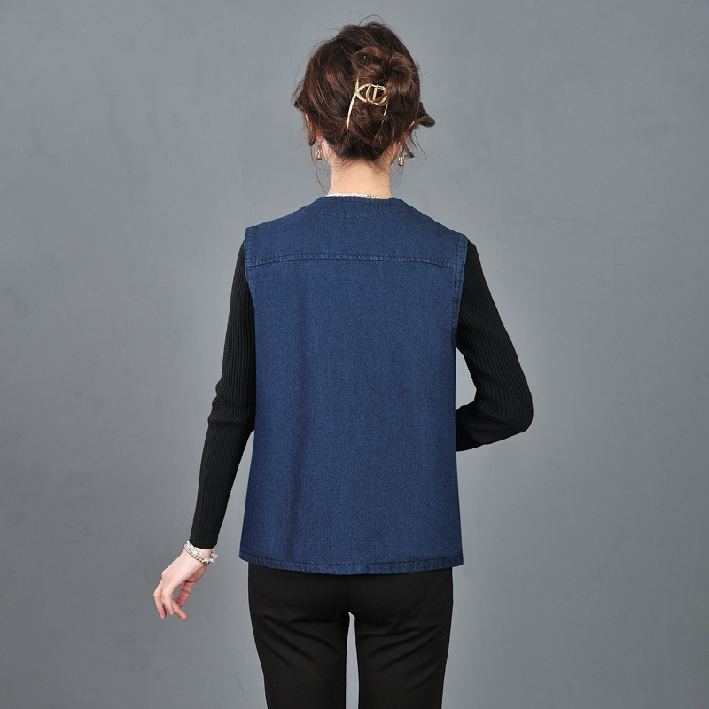 Деним жилетка за жени, с яка и предна катарама, памучно-смесен материал 50-70%, пролет 2025