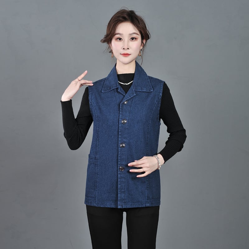 Деним жилетка за жени, с яка и предна катарама, памучно-смесен материал 50-70%, пролет 2025