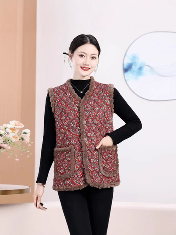 Есен-зимна безръкавна жилетка за дами, пухена яка, флорална шарка, ацетатна материя, полиестер пълнеж