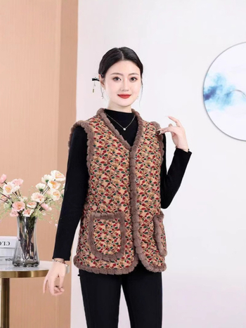 Есен-зимна безръкавна жилетка за дами, пухена яка, флорална шарка, ацетатна материя, полиестер пълнеж