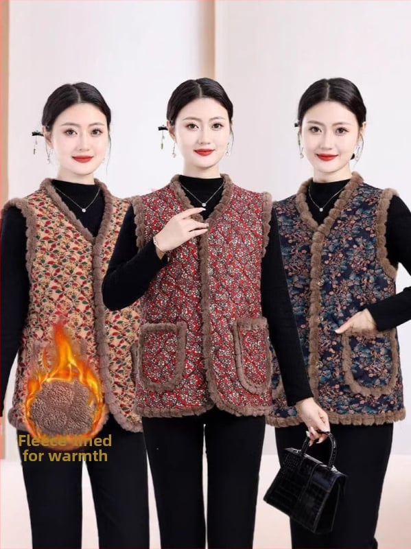 Есен-зимна безръкавна жилетка за дами, пухена яка, флорална шарка, ацетатна материя, полиестер пълнеж