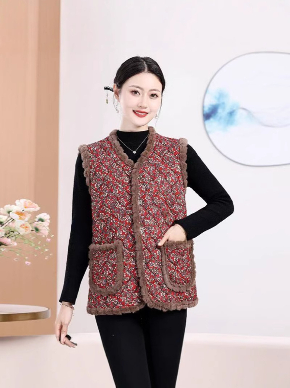 Есен-зимна безръкавна жилетка за дами, пухена яка, флорална шарка, ацетатна материя, полиестер пълнеж