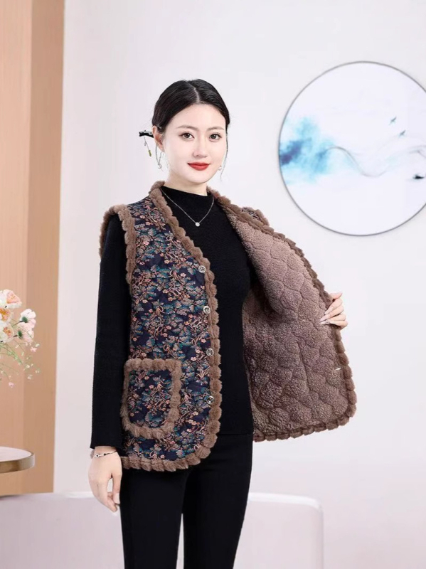 Есен-зимна безръкавна жилетка за дами, пухена яка, флорална шарка, ацетатна материя, полиестер пълнеж
