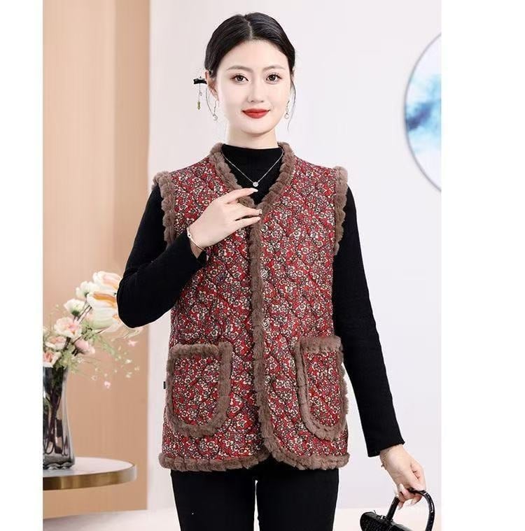 Есен-зимна безръкавна жилетка за дами, пухена яка, флорална шарка, ацетатна материя, полиестер пълнеж