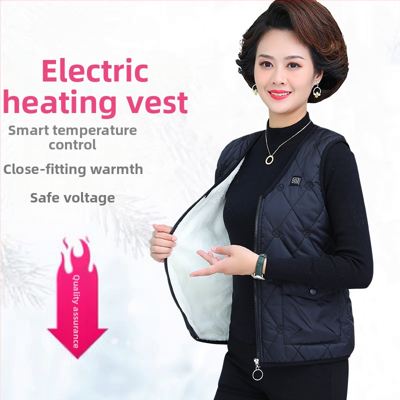 Елек с електрическо отопление за жени, подплата от агнешки флийс, плътна изолация пух-памук, цип, V-образно деколте, стил жилетка-кардиган, полиестерна тъкан
