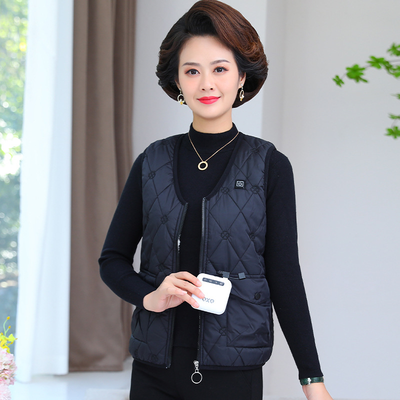 Елек с електрическо отопление за жени, подплата от агнешки флийс, плътна изолация пух-памук, цип, V-образно деколте, стил жилетка-кардиган, полиестерна тъкан