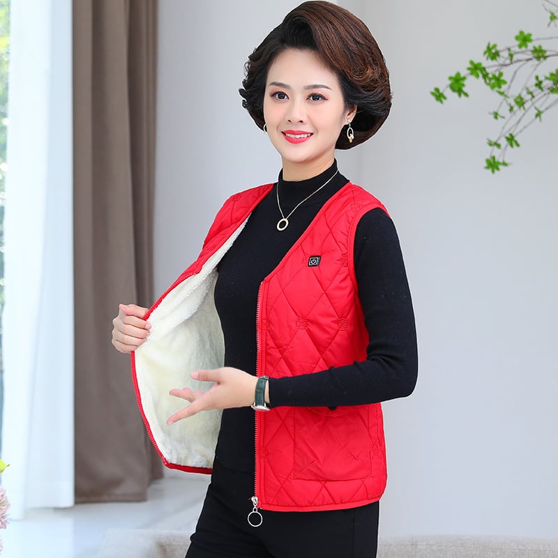 Елек с електрическо отопление за жени, подплата от агнешки флийс, плътна изолация пух-памук, цип, V-образно деколте, стил жилетка-кардиган, полиестерна тъкан