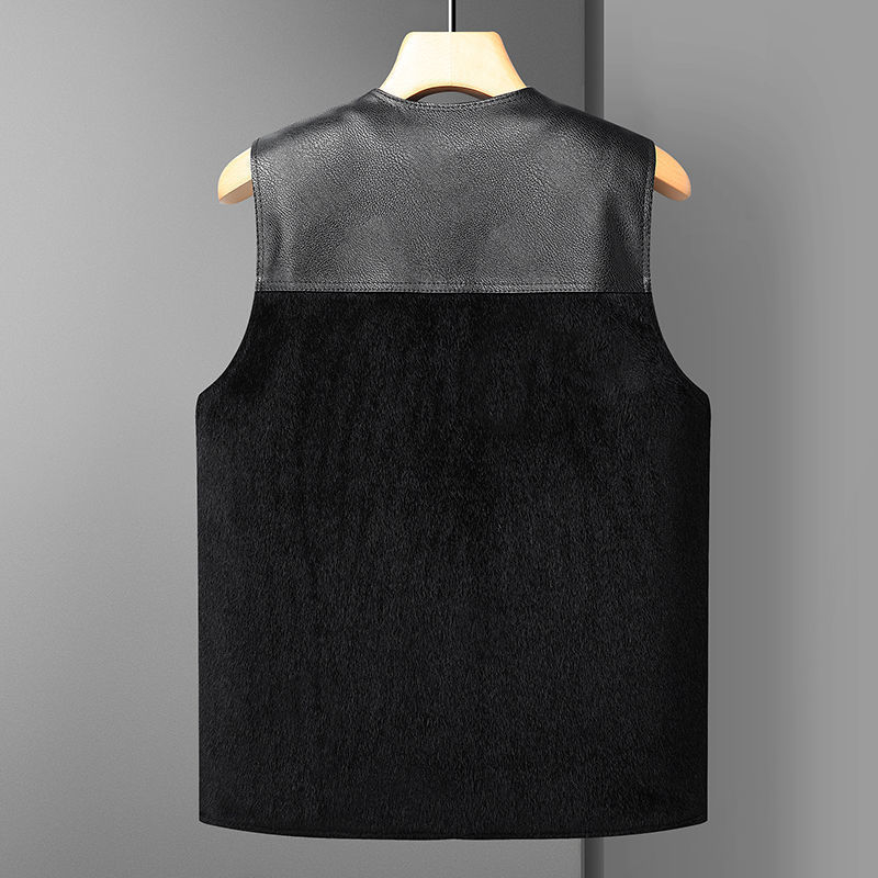 PU кожена жилетка за възрастни мъже – флисово подплатена, райета, двойно закопчаване, много джобове