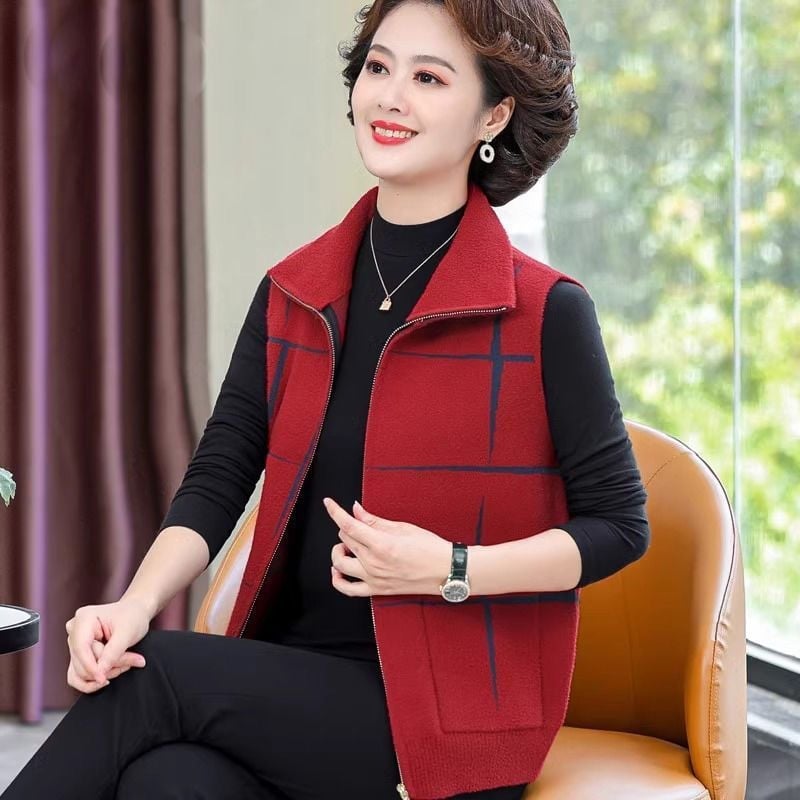 Vesta cu guler polo, țesătură Chenille, amestec cu spandex (Primăvara 2025, pentru femei adulte)