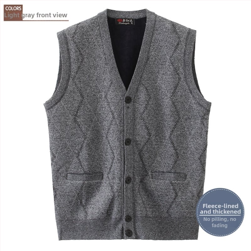 Мъжка плюшена жилетка за зима, свободен силует, V-образно деколте, едноредово закопчаване, жакардов геометричен модел
