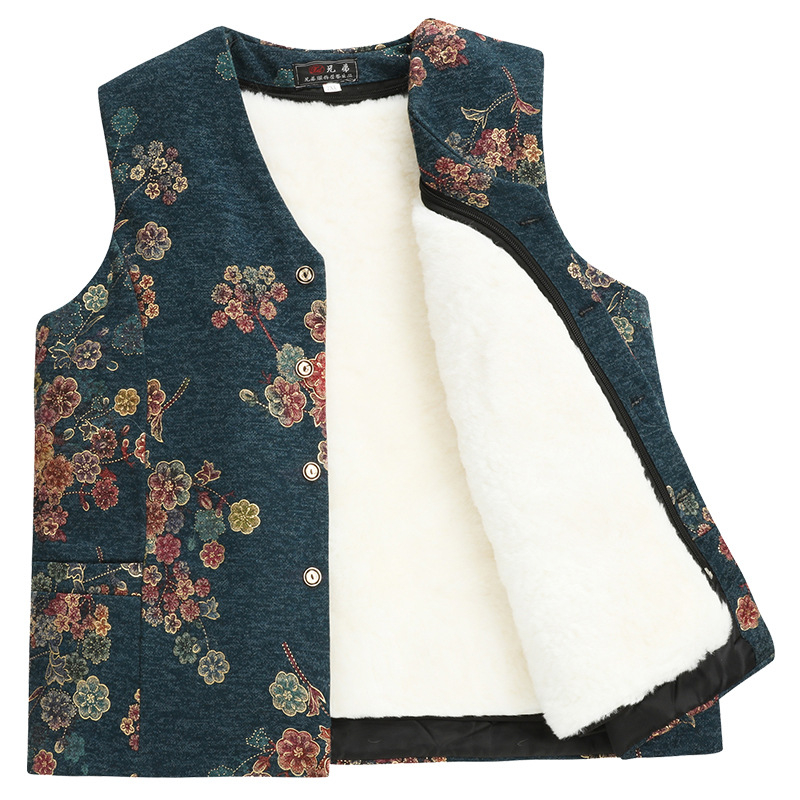 Женски ленен жилет с V-образно деколте, флорален принт, пълнеж от полиестер и памук, стандартна дължина