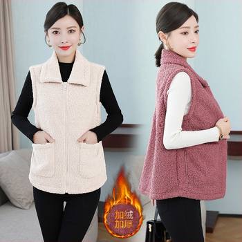 Дамски жилет с подплата от флис и овча вълна, със стояща яка и цип, геометричен принт, полиестерна материя