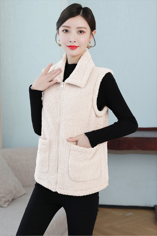 Дамски жилет с подплата от флис и овча вълна, със стояща яка и цип, геометричен принт, полиестерна материя